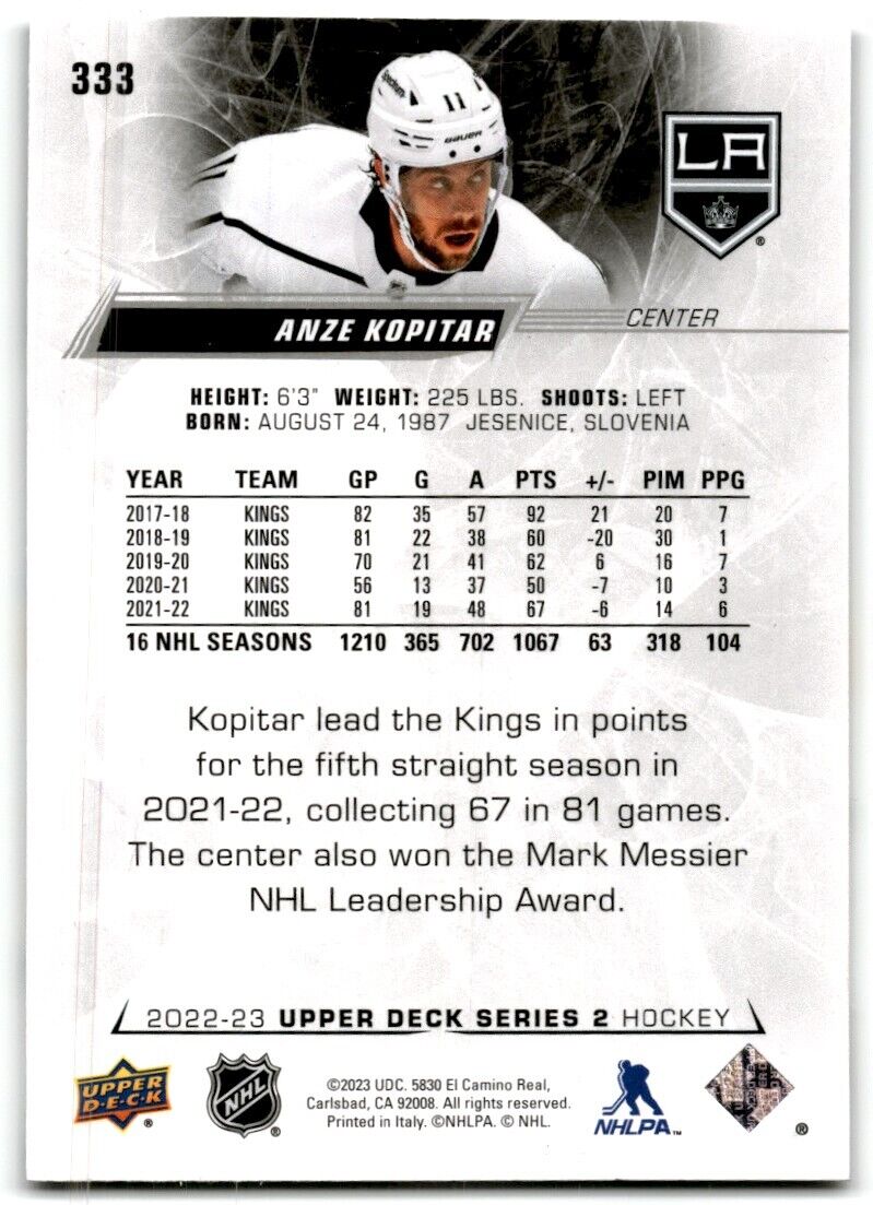 2022-23 Upper Deck Anze Kopitar Los Angeles Kings #333