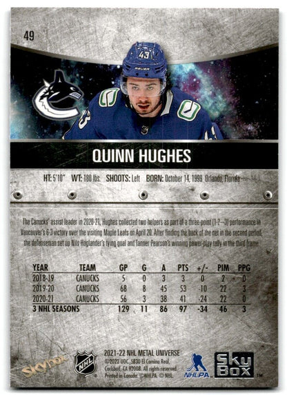 2021-22 Skybox Metal Universe Quinn Hughes Vancouver Canucks #49