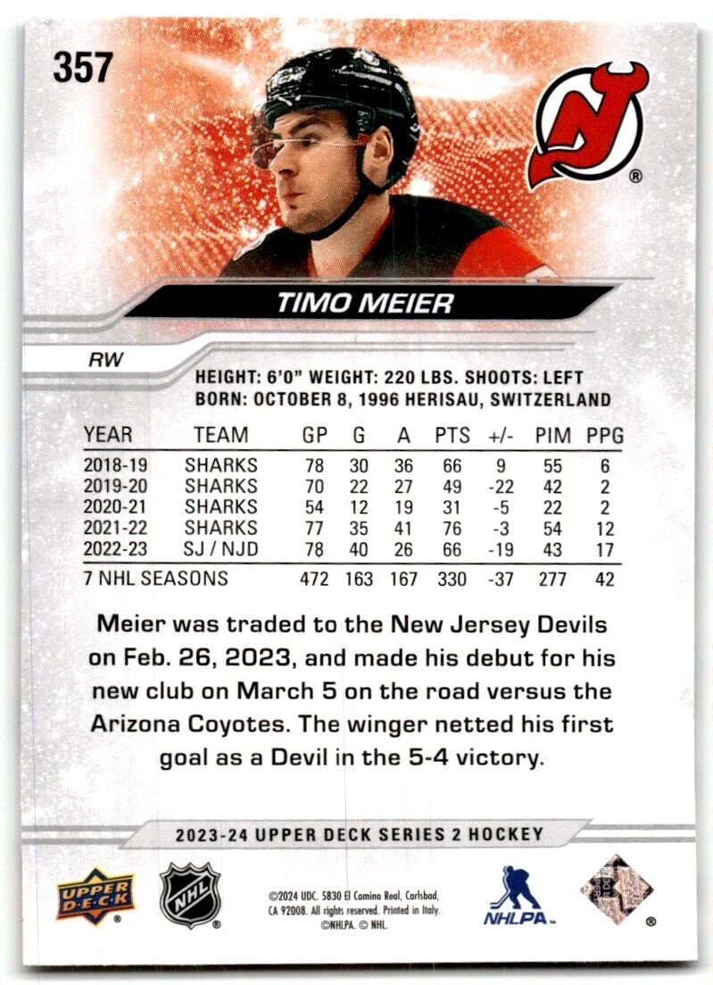 2023-24 Upper Deck Timo Meier New Jersey Devils #357