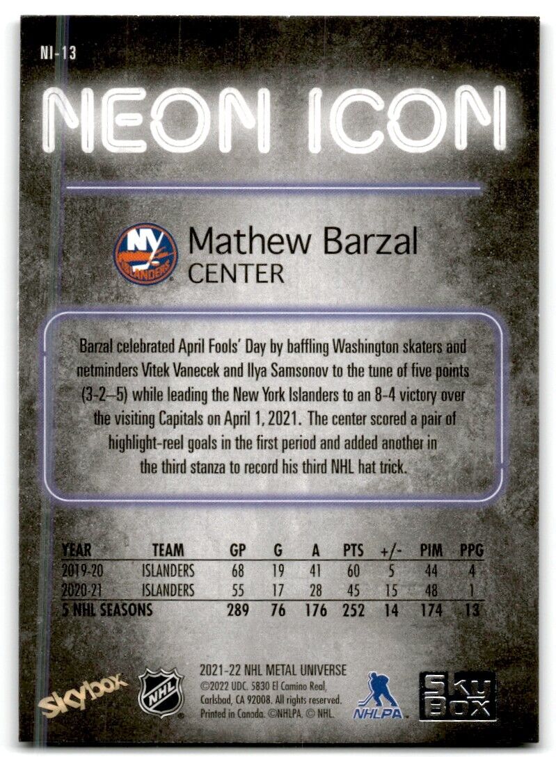 2021-22 Skybox Metal Universe Neon Icon Mathew Barzal New York Islanders #NI-13