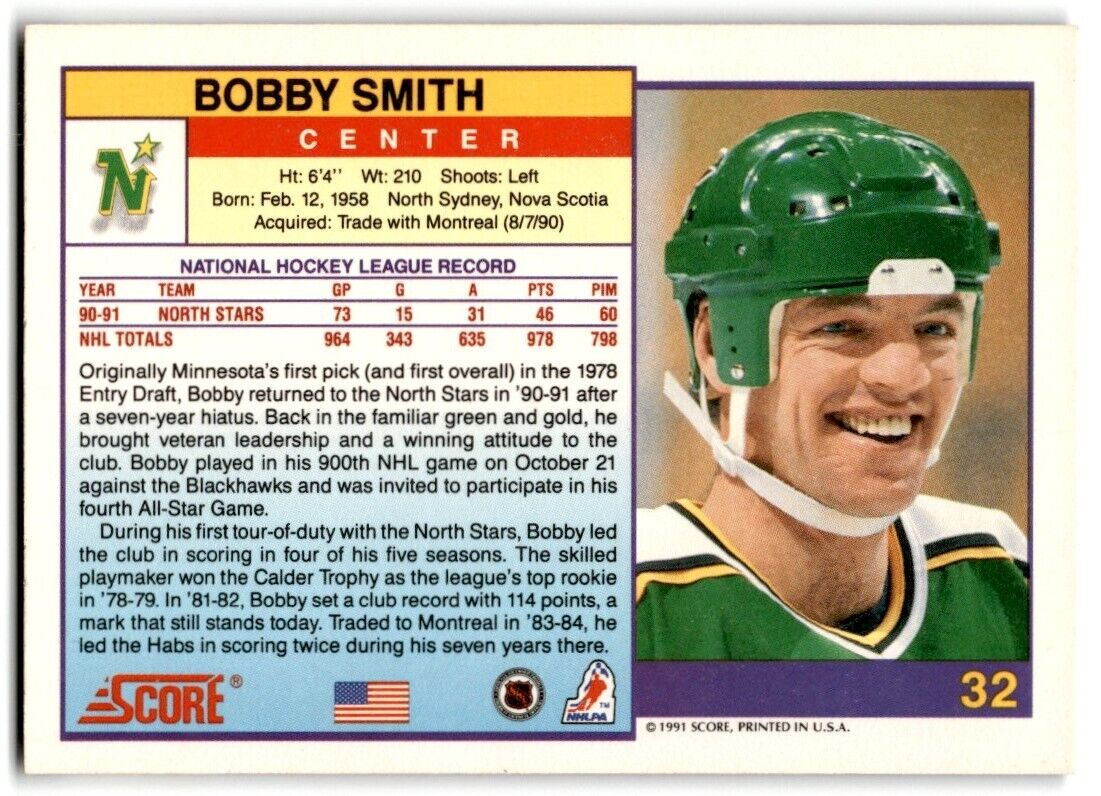 1991-92 Score Canadian Bilingual Bobby Smith Minnesota North Stars #32