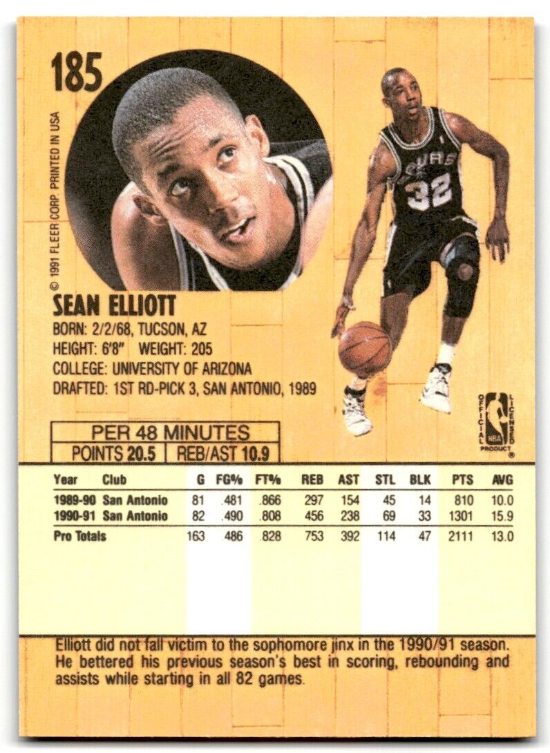 1991-92 Fleer Sean Elliott San Antonio Spurs #185