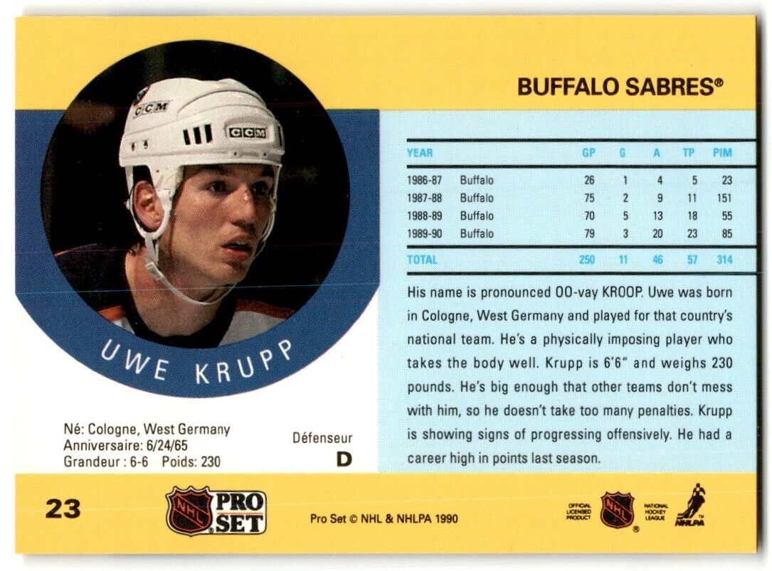 1990-91 Pro Set Uwe Krupp Buffalo Sabres #23