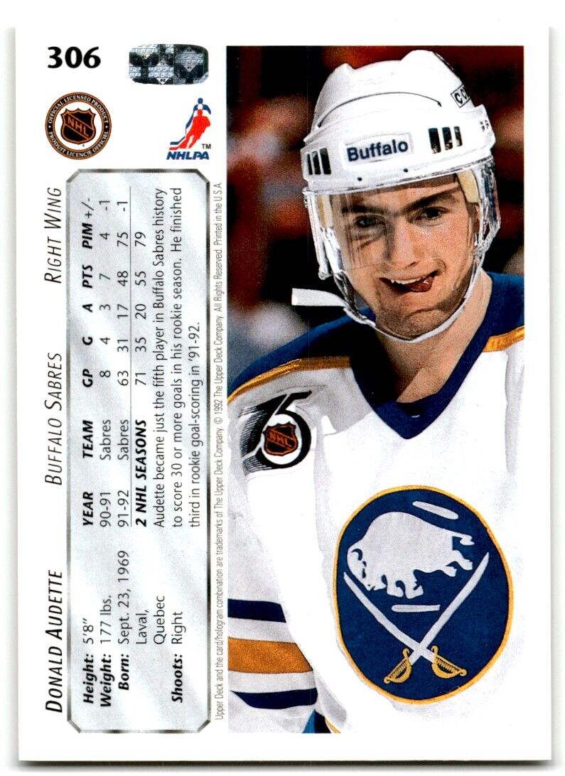 1992-93 Upper Deck Donald Audette Buffalo Sabres #306