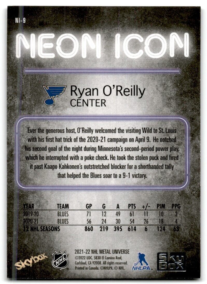 2021-22 Skybox Metal Universe Neon Icon Ryan O'Reilly St. Louis Blues #NI-9