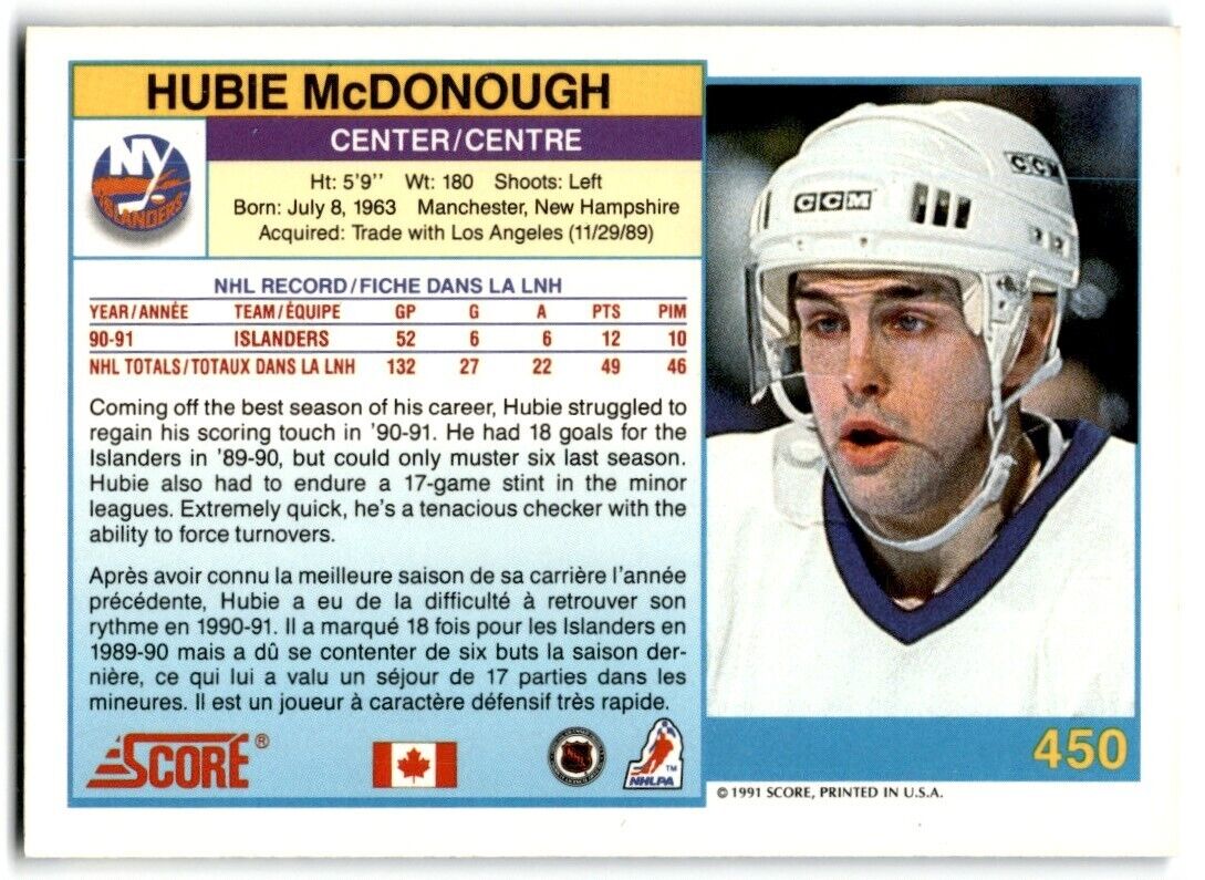 1991-92 Score Canadian Hubie McDonough New York Islanders #450