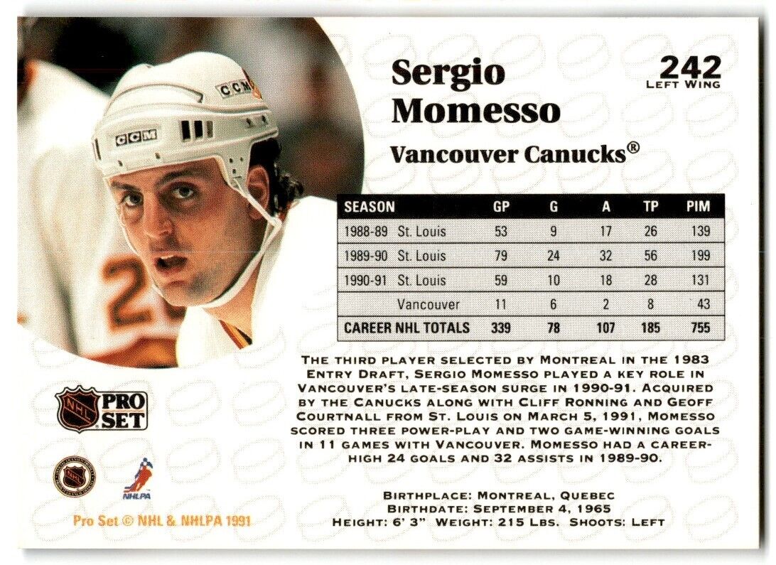 1991-92 Pro Set Sergio Momesso Vancouver Canucks #242