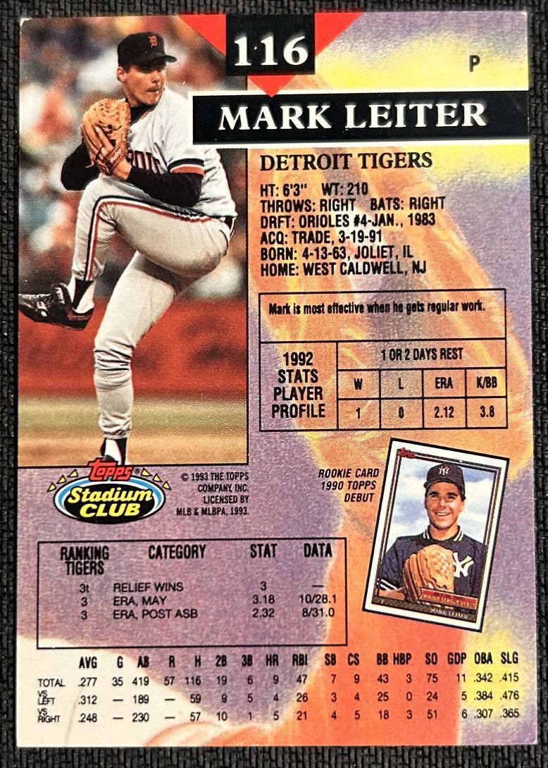 1993 Topps Stadium Club Mark Leiter Detroit Tigers #116