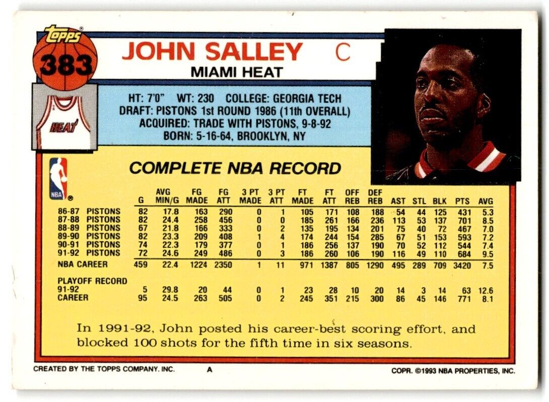 1992-93 Topps John Salley Miami Heat #383