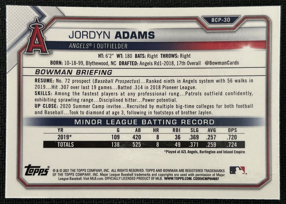 2021 Bowman Chrome Prospects Mojo Refractor Jordyn Adams Los Angeles Angels