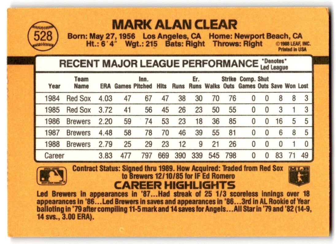 1989 Donruss Mark Clear Milwaukee Brewers #528