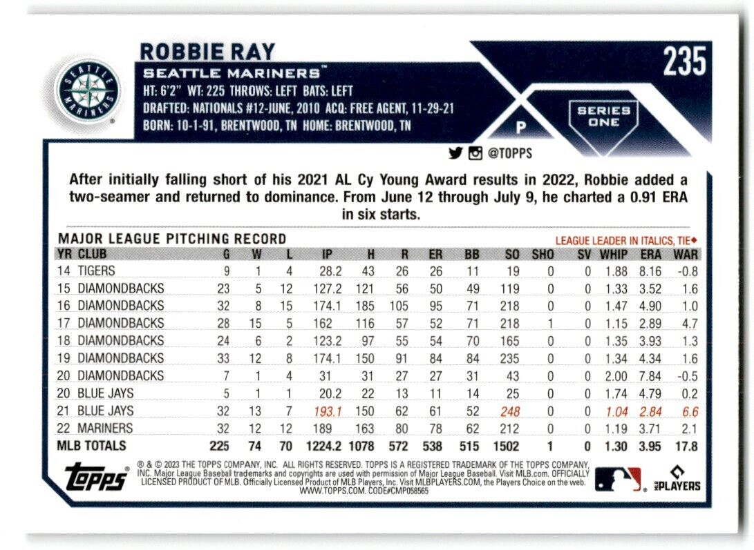 2023 Topps Robbie Ray Seattle Mariners #235