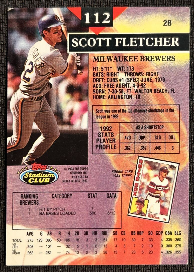 1993 Topps Stadium Club Scott Fletcher Milwaukee Brewers #112