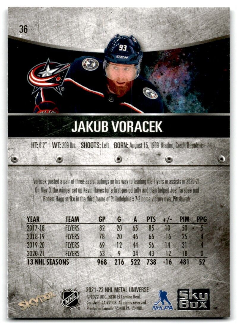 2021-22 Skybox Metal Universe Jakub Voracek Columbus Blue Jackets #36