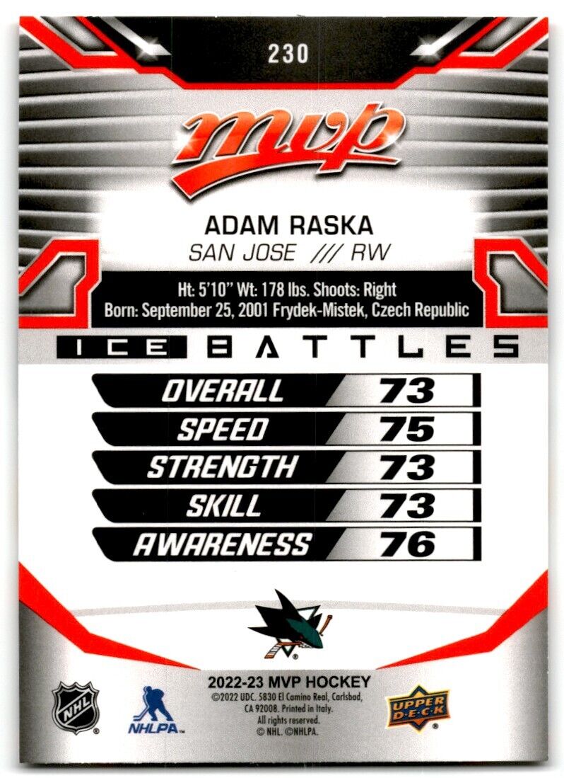 2022-23 Upper Deck MVP Ice Battles Adam Raska Rookie San Jose Sharks #230