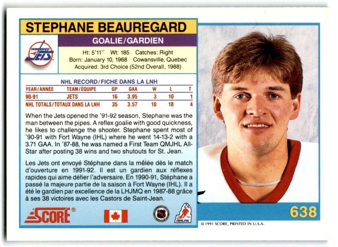 1991-92 Score Canadian Stephane Beauregard Winnipeg Jets #638