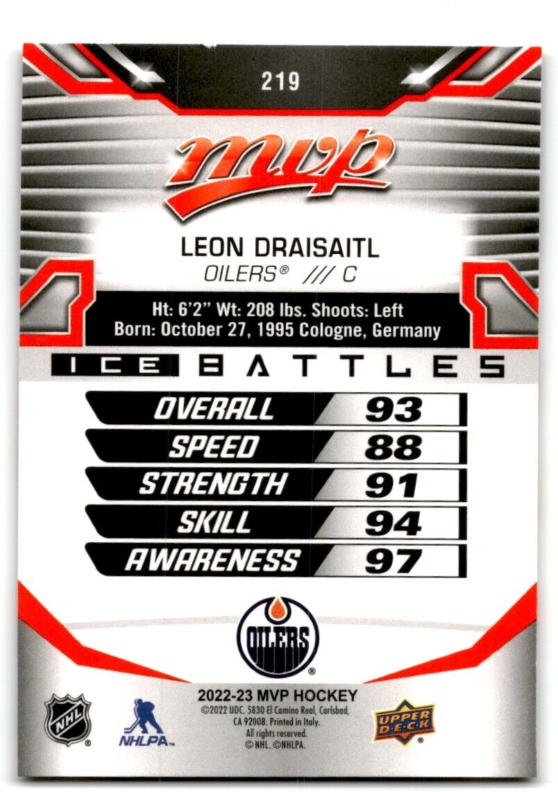 2022-23 Upper Deck MVP Ice Battles Leon Draisaitl Edmonton Oilers #219