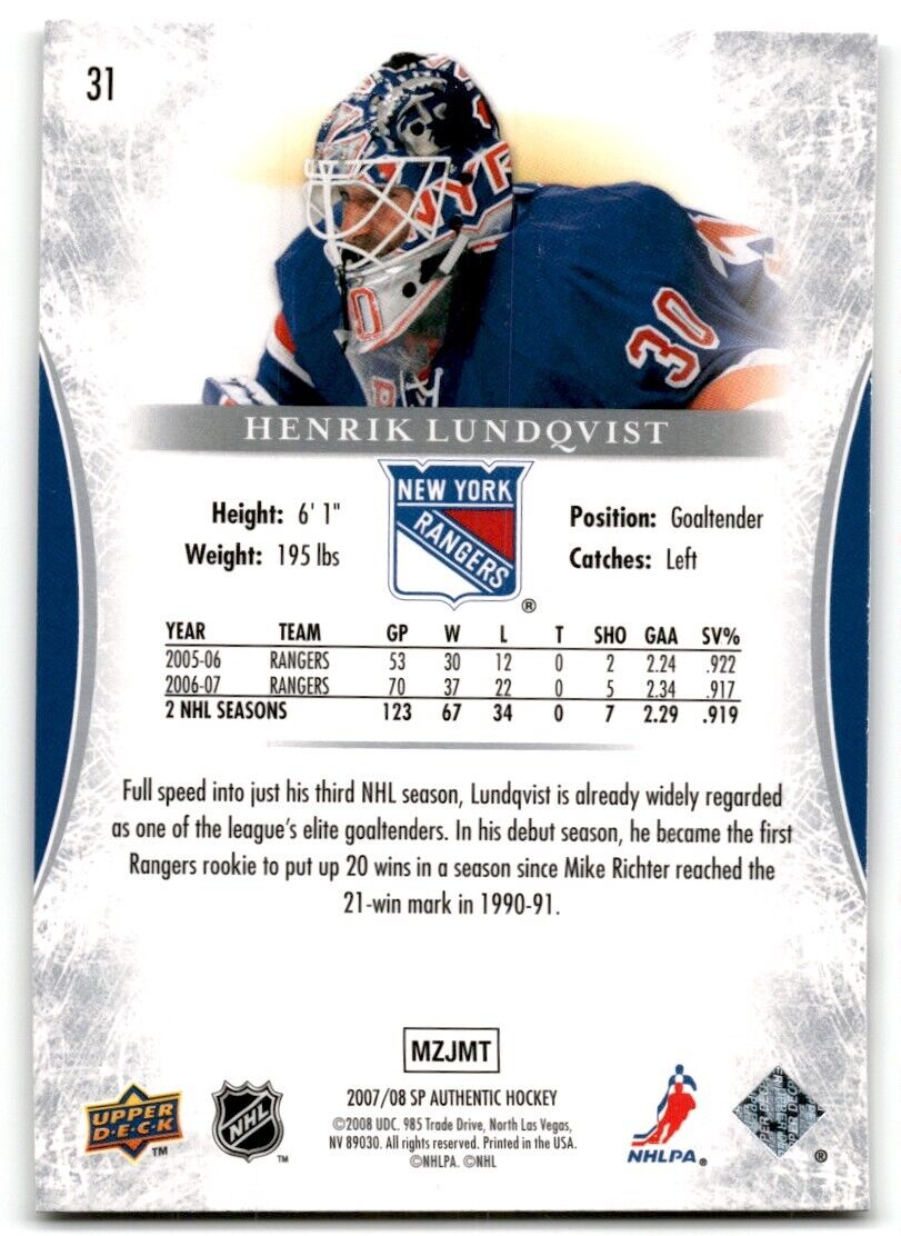 2009-10 SP Authentic Henrik Lundqvist New York Rangers #31