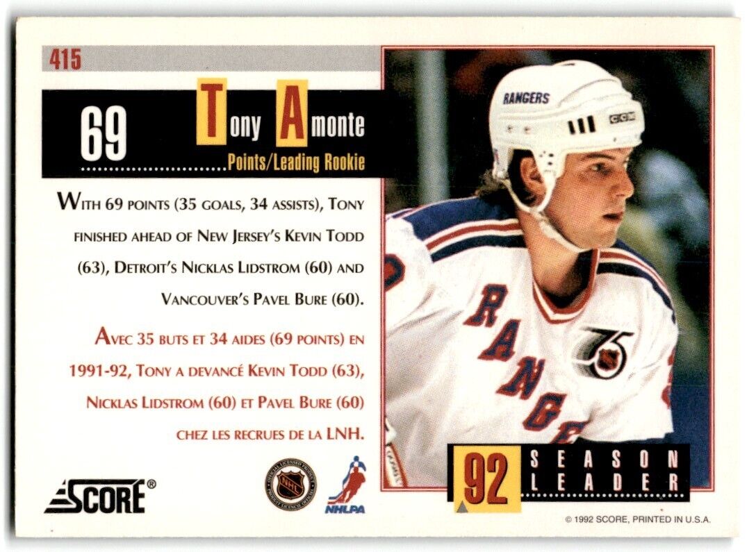 1992-93 Score Canadian Tony Amonte New York Rangers #415