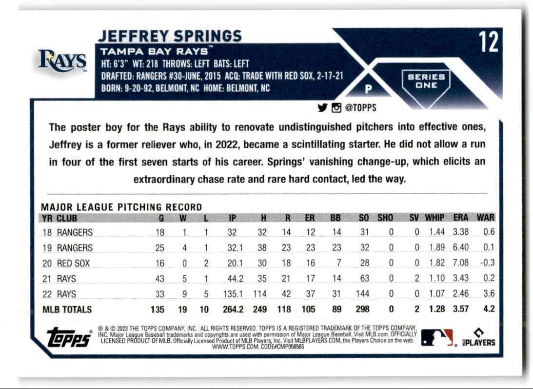 2023 Topps Jeffrey Springs Tampa Bay Rays #12