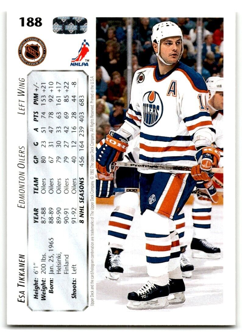 1992-93 Upper Deck Esa Tikkanen Edmonton Oilers #188