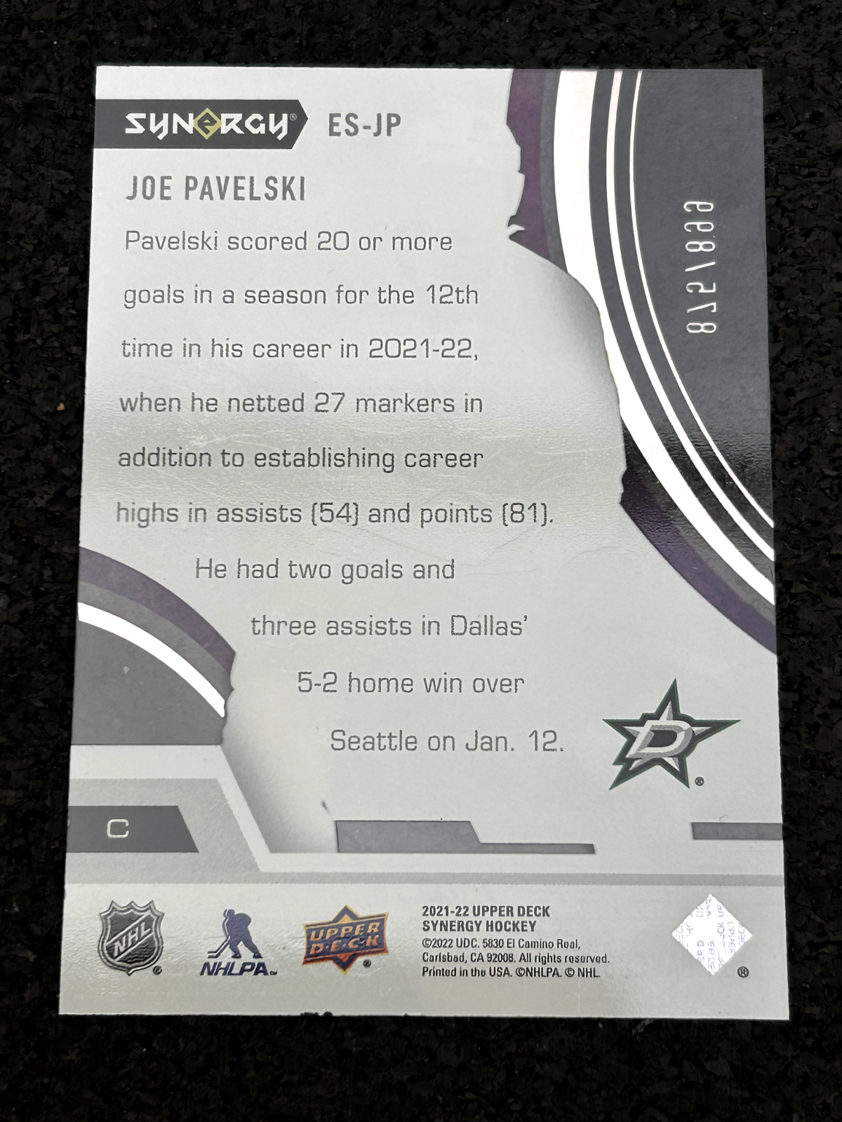 2021-22 Upper Deck Synergy EXCEPTIONAL STARS JOE PAVELSKI ES-JP 875/899