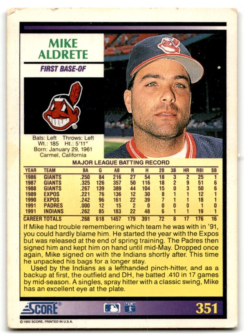 1992 Score Mike Aldrete Cleveland Indians #351