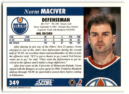 1992-93 Score Norm Maciver Edmonton Oilers #349