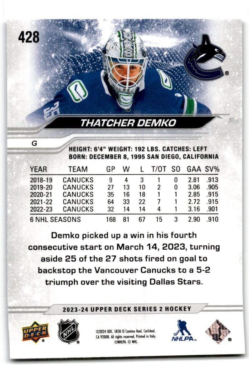 2023-24 Upper Deck Thatcher Demko Vancouver Canucks #428