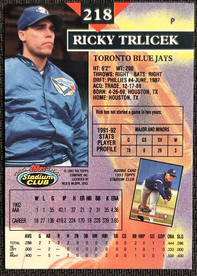 1993 Topps Stadium Club Rick Trlicek Toronto Blue Jays #218