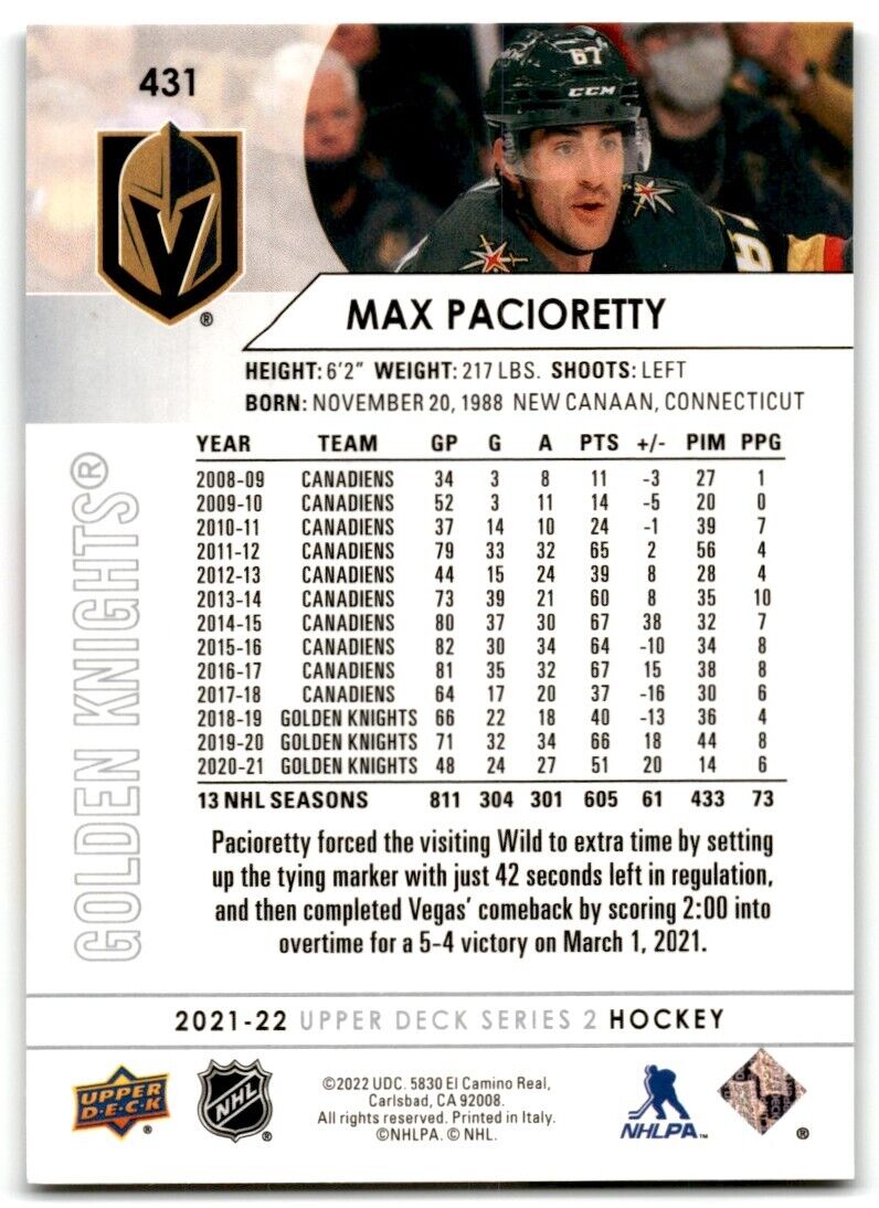 2021-22 Upper Deck Max Pacioretty Vegas Golden Knights #431