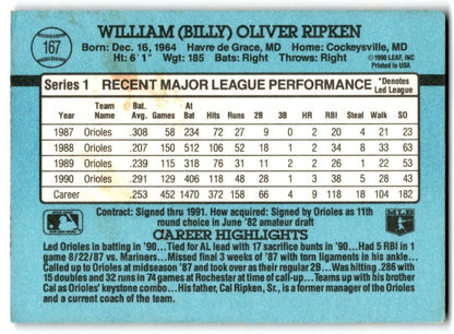 1991 Donruss Billy Ripken Baltimore Orioles #167