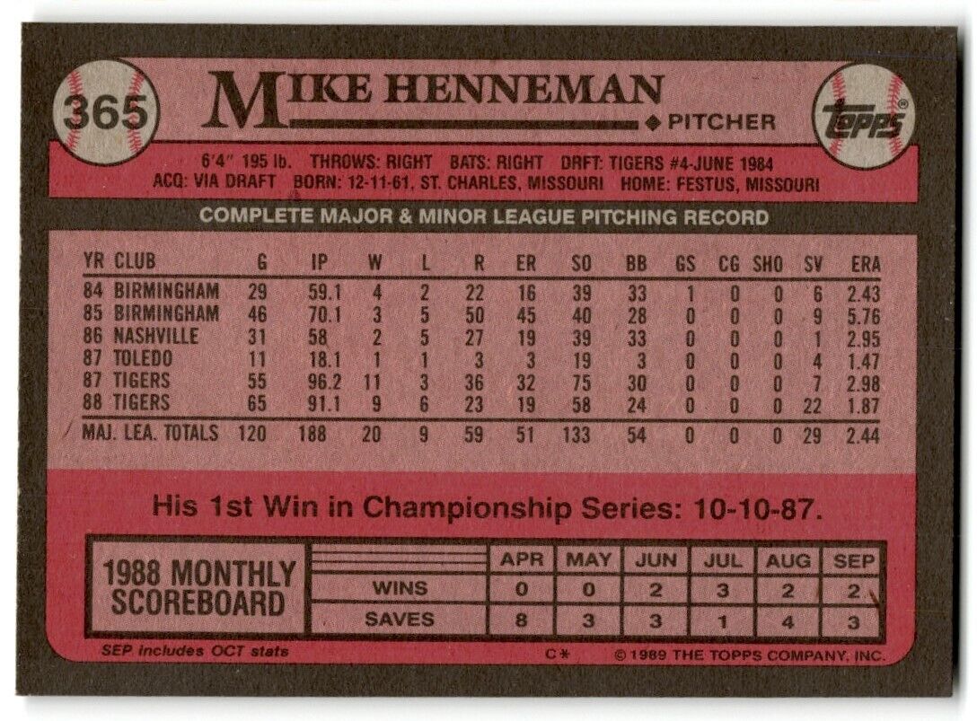 1989 Topps Mike Henneman Detroit Tigers #365