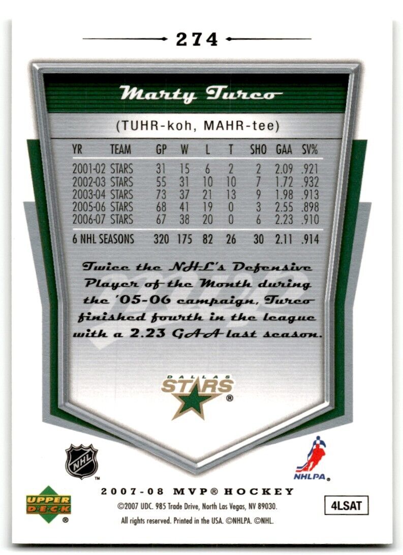 2007-08 Upper Deck MVP Marty Turco Dallas Stars #274