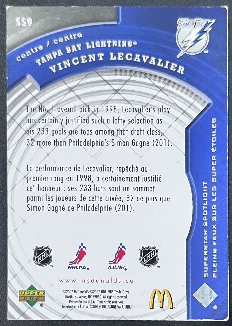 2007-08 Upper Deck McDonald's Vincent Lecavalier Tampa Bay Lightning #SS9