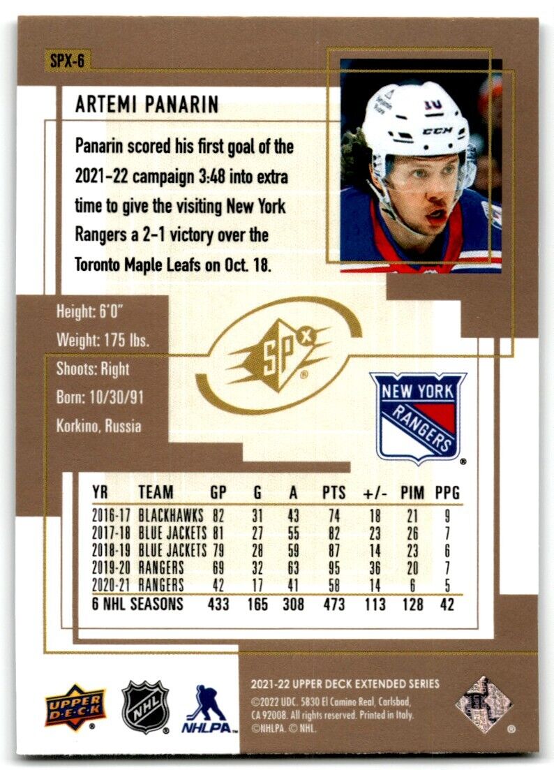 2021-22 Upper Deck 1999-00 SPx Retro Artemi Panarin New York Rangers #SPX-6