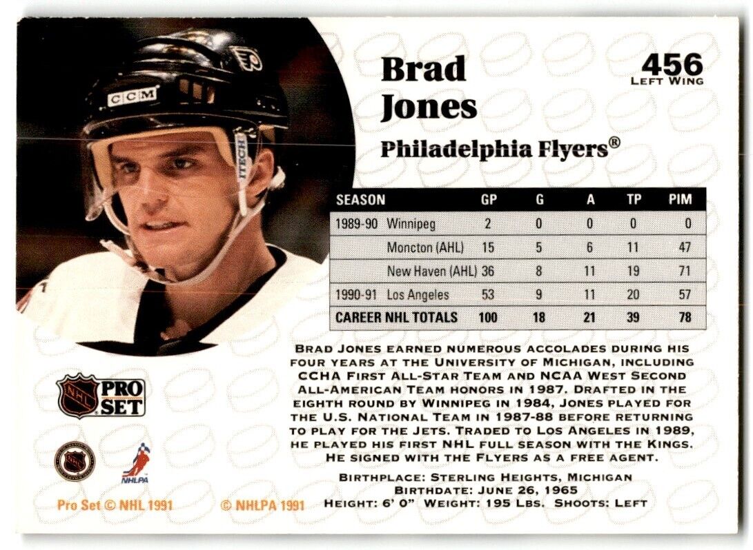 1991-92 Pro Set Brad Jones Rookie Philadelphia Flyers #456