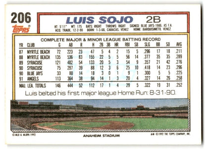 1992 Topps Luis Sojo California Angels #206