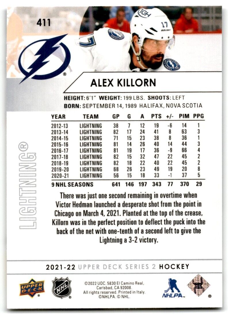 2021-22 Upper Deck Alex Killorn Tampa Bay Lightning #411