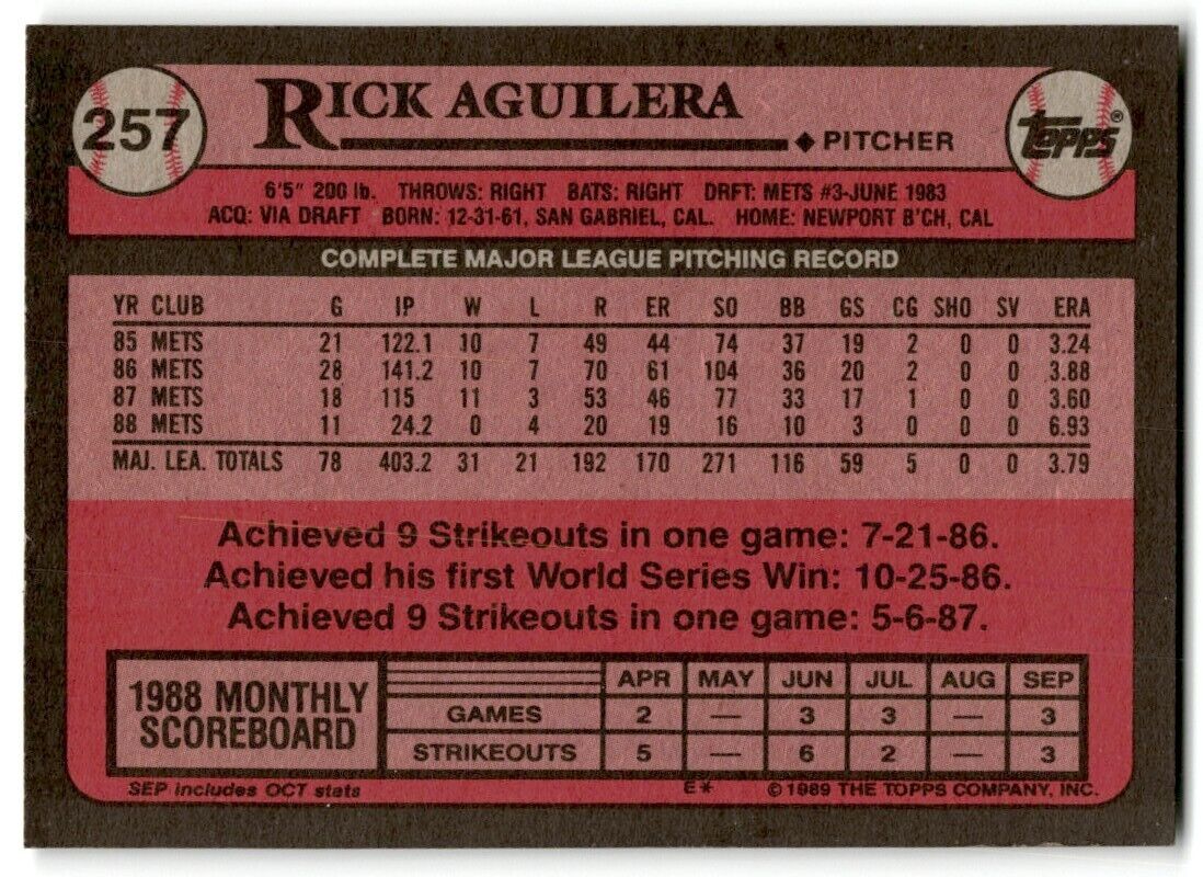 1989 Topps Rick Aguilera New York Mets #257