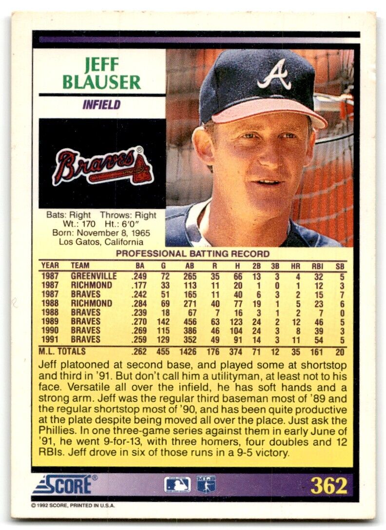 1992 Score Jeff Blauser Atlanta Braves #362