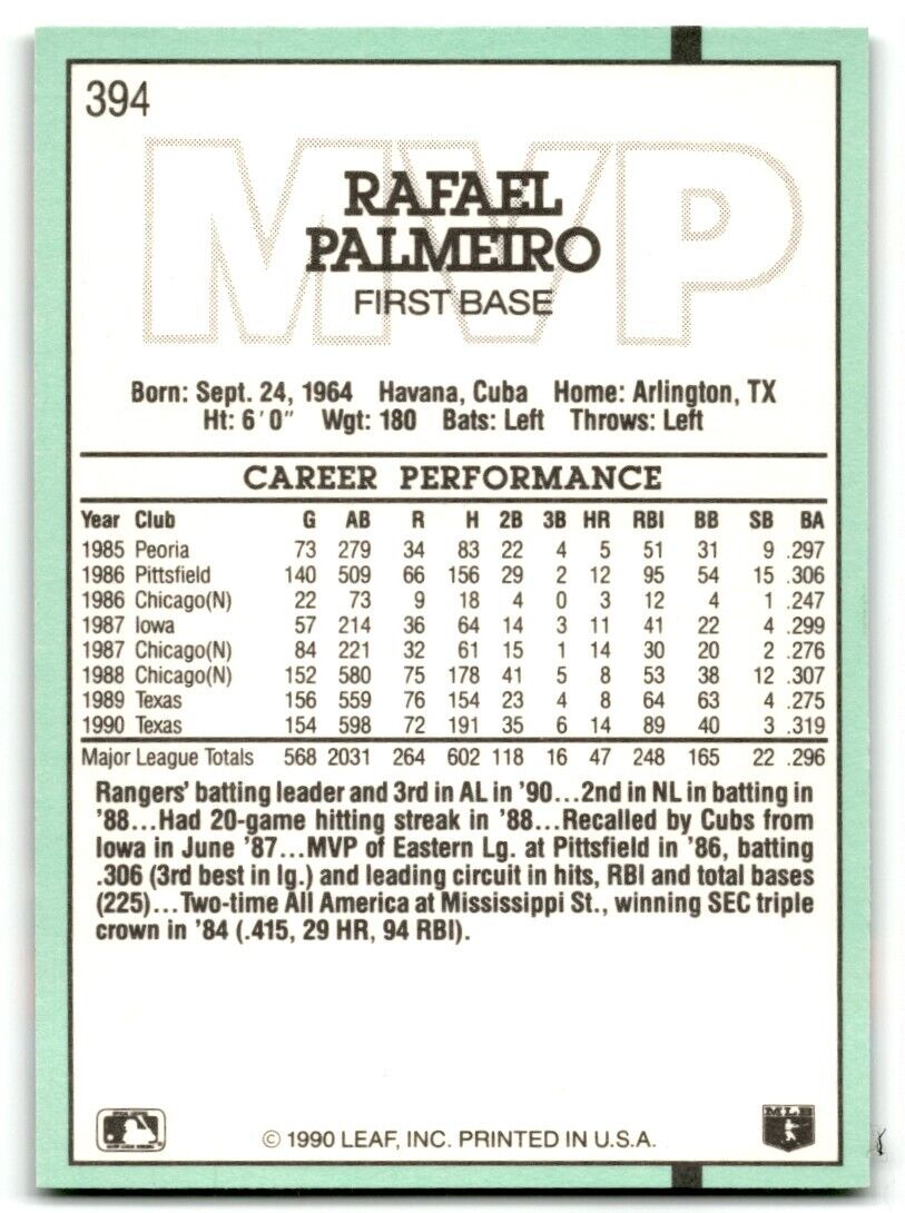 1991 Donruss Rafael Palmeiro Texas Rangers #394