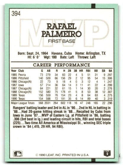 1991 Donruss Rafael Palmeiro Texas Rangers #394