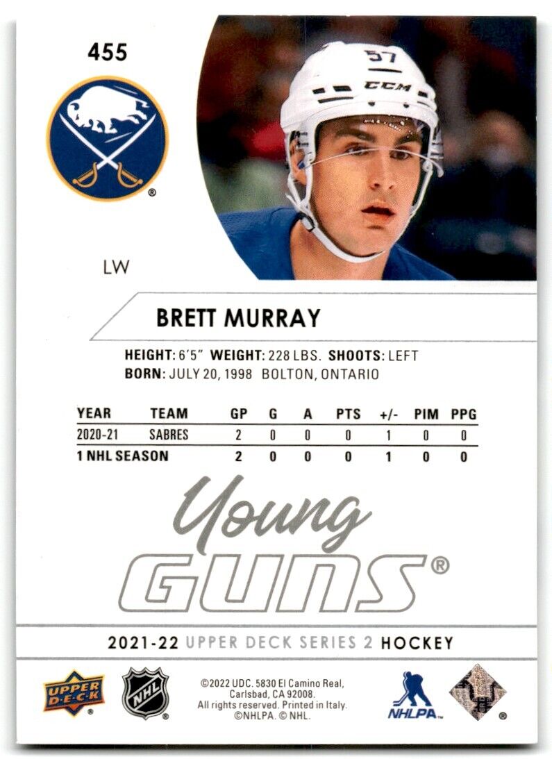 2021-22 Upper Deck Brett Murray Rookie Buffalo Sabres #455