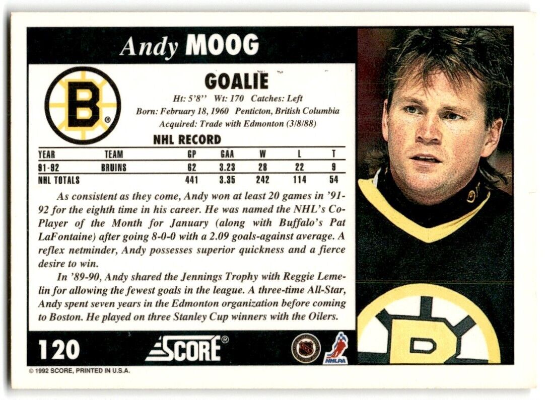 1992-93 Score Andy Moog Boston Bruins #120