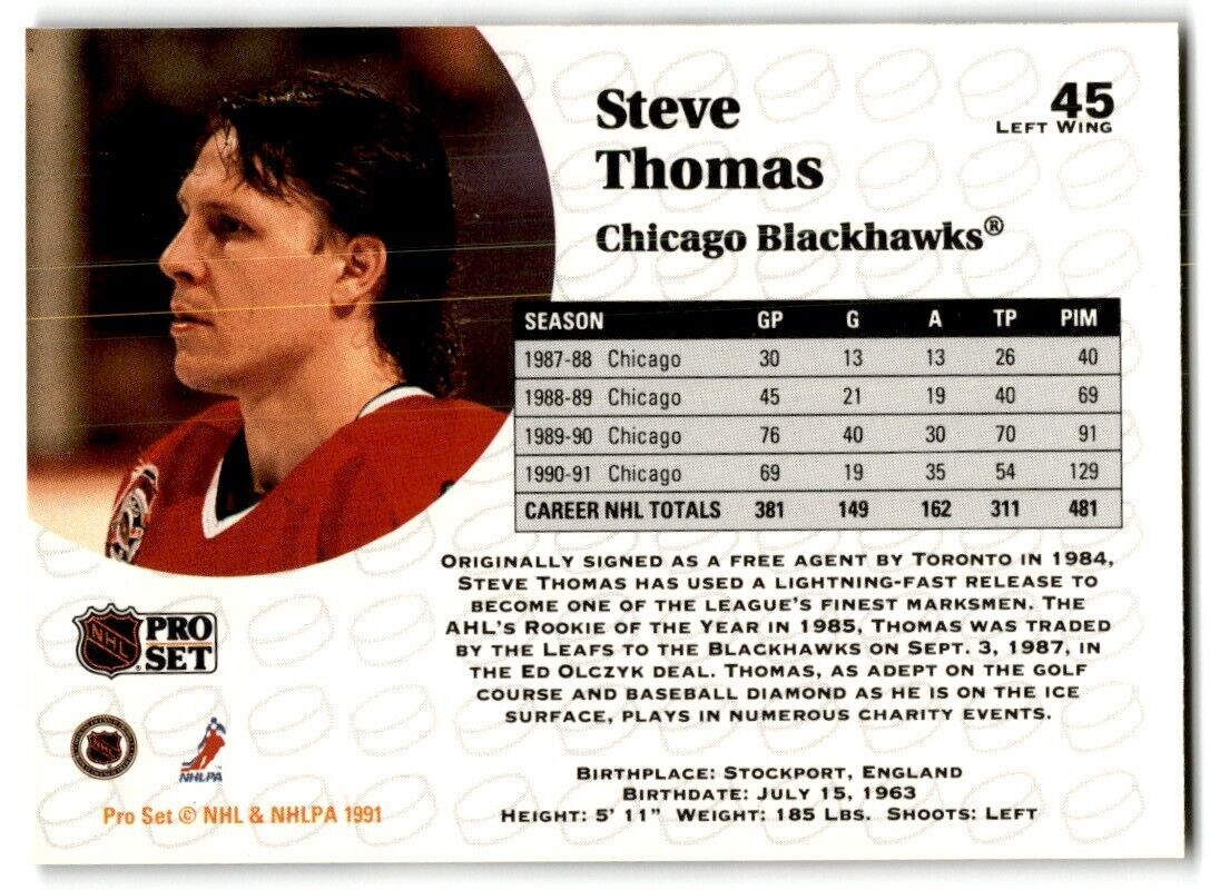 1991-92 Pro Set Steve Thomas Chicago Blackhawks #45