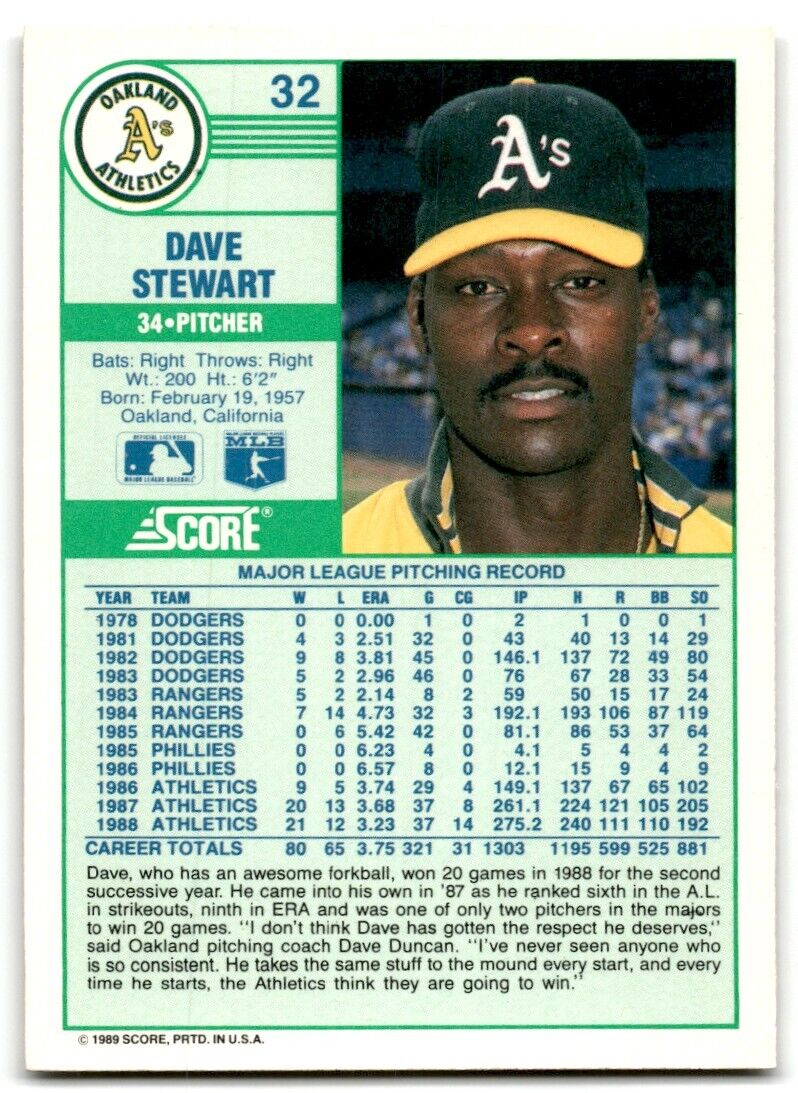 1989 Score Dave Stewart Oakland Athletics #32