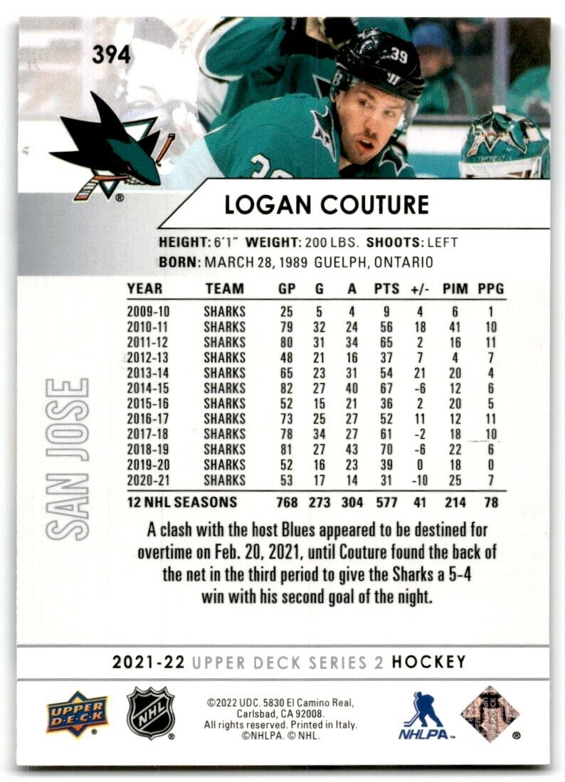 2021-22 Upper Deck Logan Couture San Jose Sharks #394