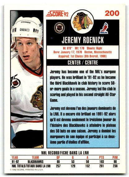 1992-93 Score Jeremy Roenick Chicago Blackhawks #200