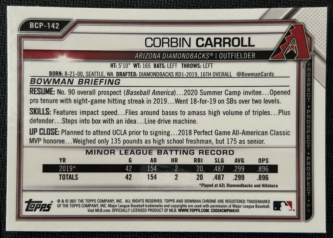 2021 Bowman Chrome Prospects Corbin Carroll Arizona Diamondbacks #BCP-142